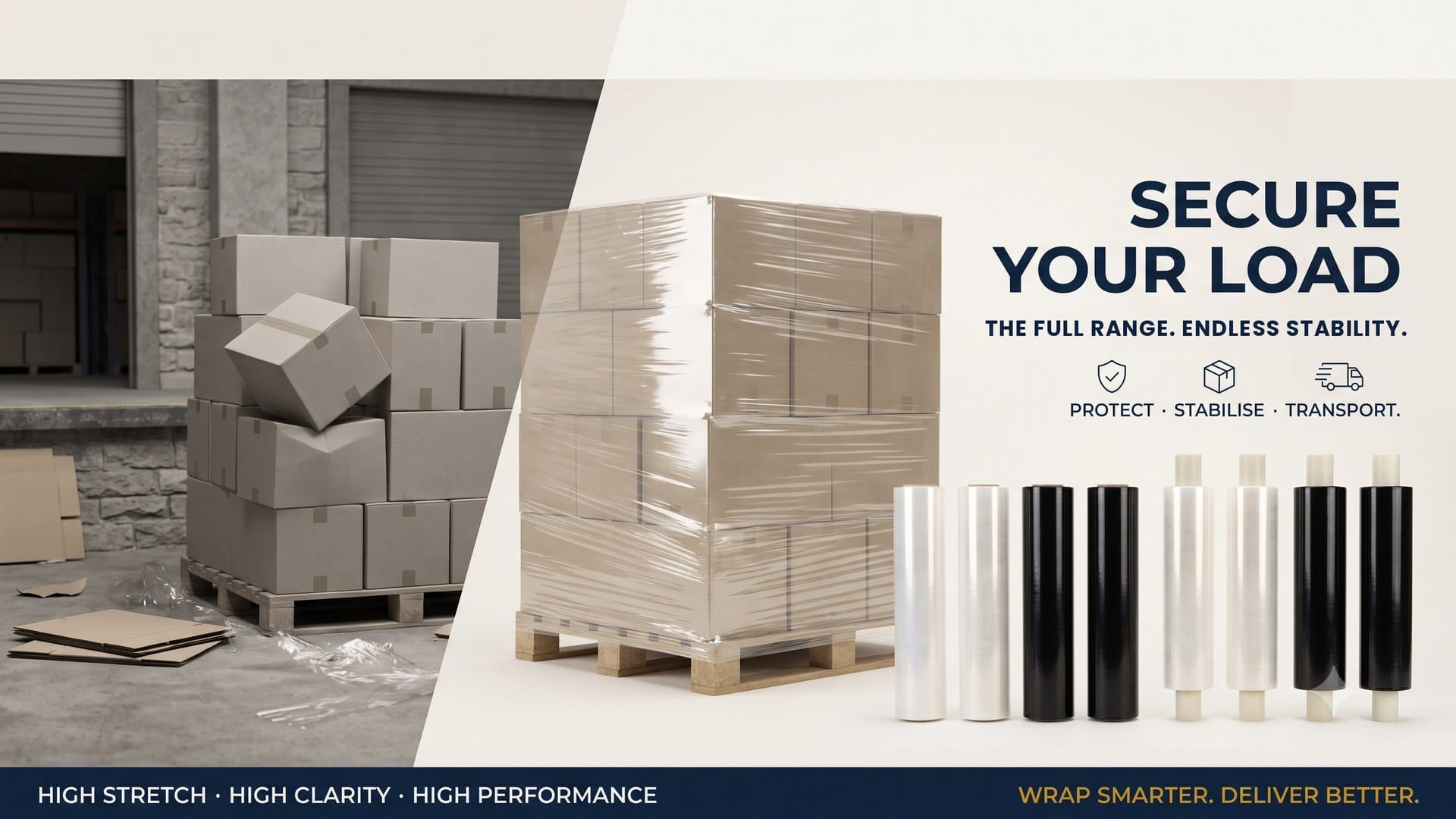 A pallet of boxes secured in Hilux Poly stretch film