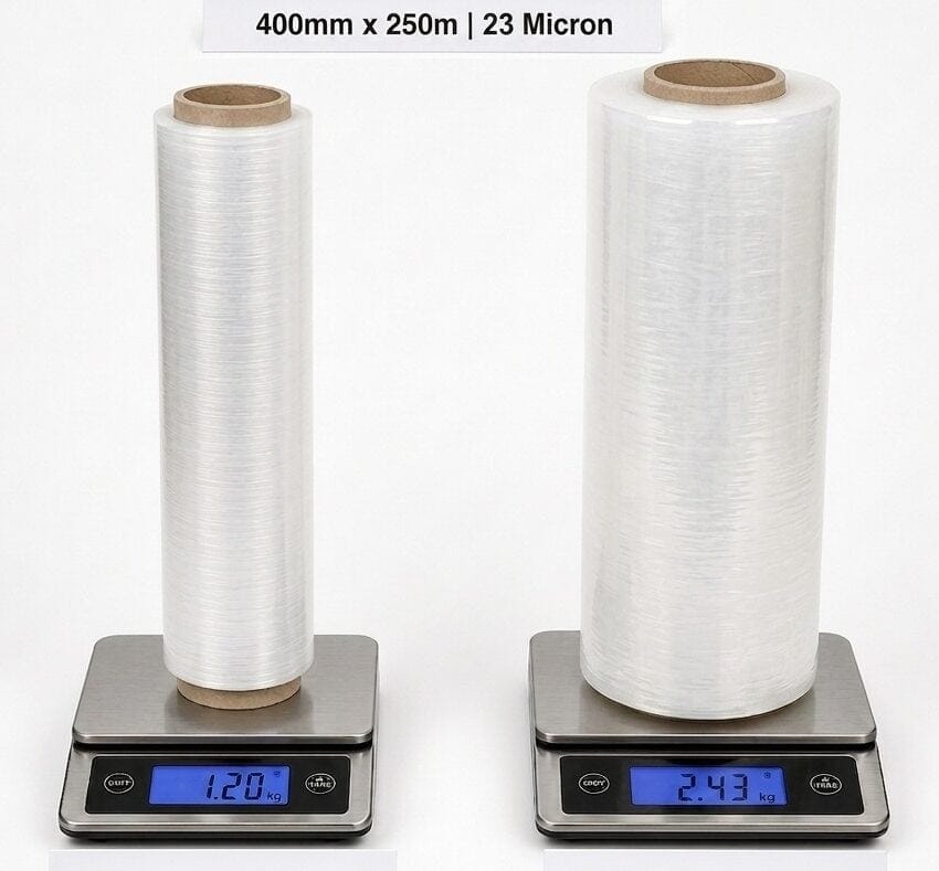 Weight comparison: Hilux Poly 23 micron stretch film roll weighs 2.43kg versus a typical market roll at 1.20kg, same 400mm x 250m specification