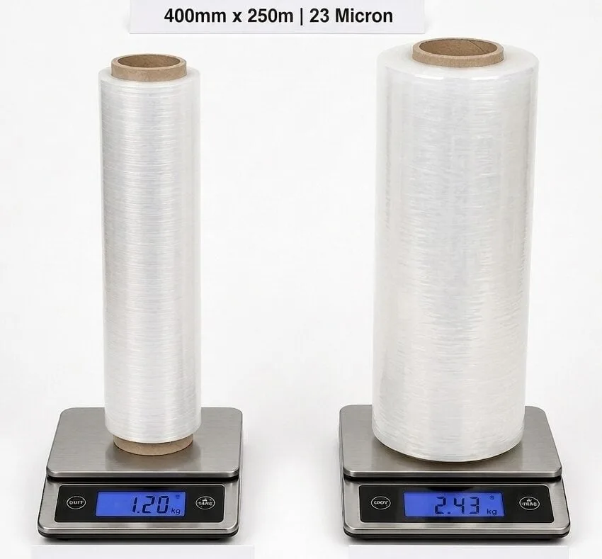 Weight comparison: Hilux Poly 23 micron stretch film roll weighs 2.43kg versus a typical market roll at 1.20kg, same 400mm x 250m specification