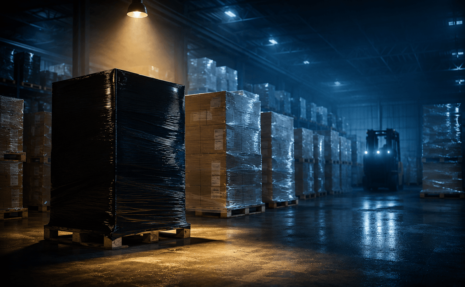 Black wrapped pallet in a blue-lit warehouse at night