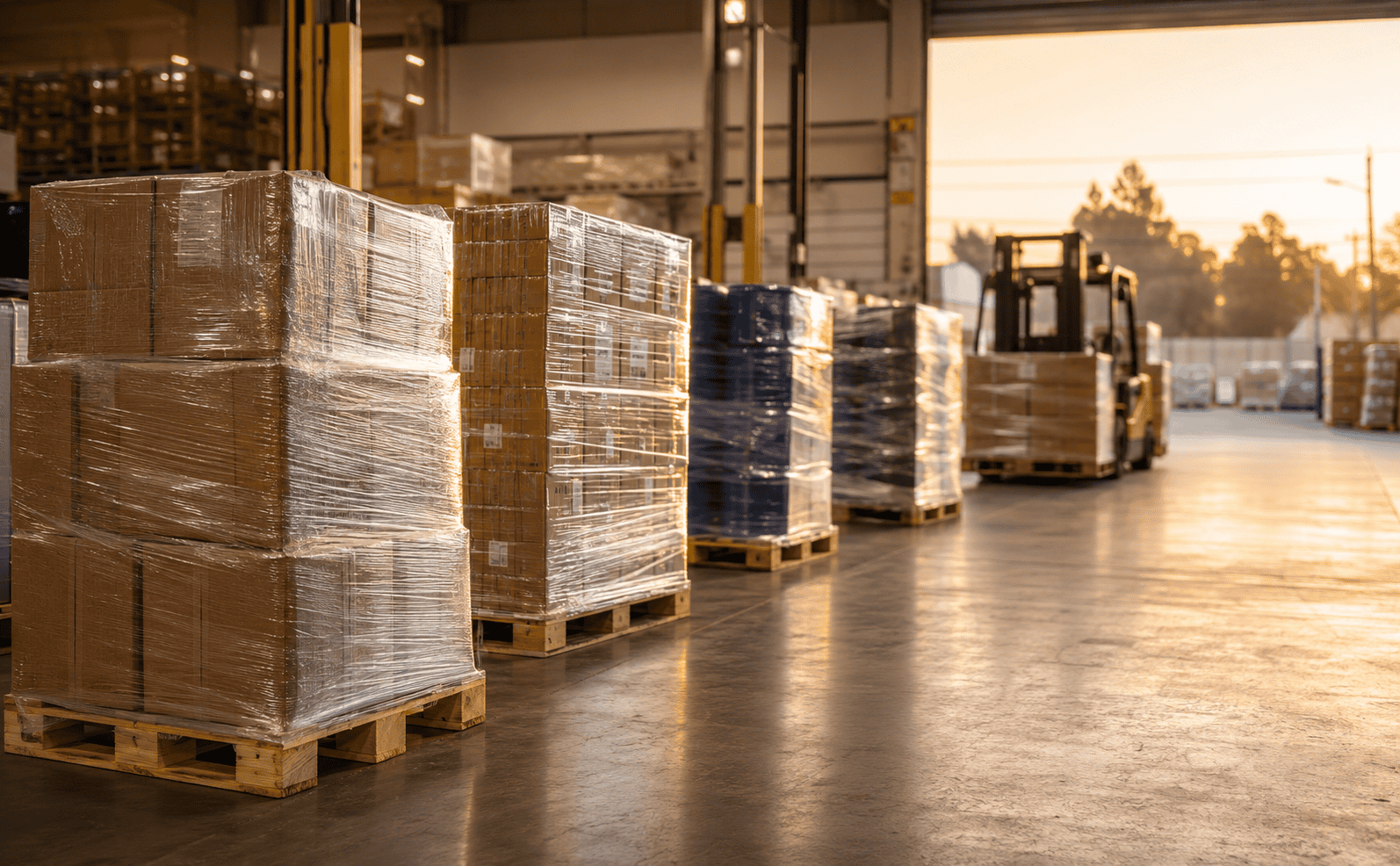Wrapped pallets on a warehouse floor in warm evening light