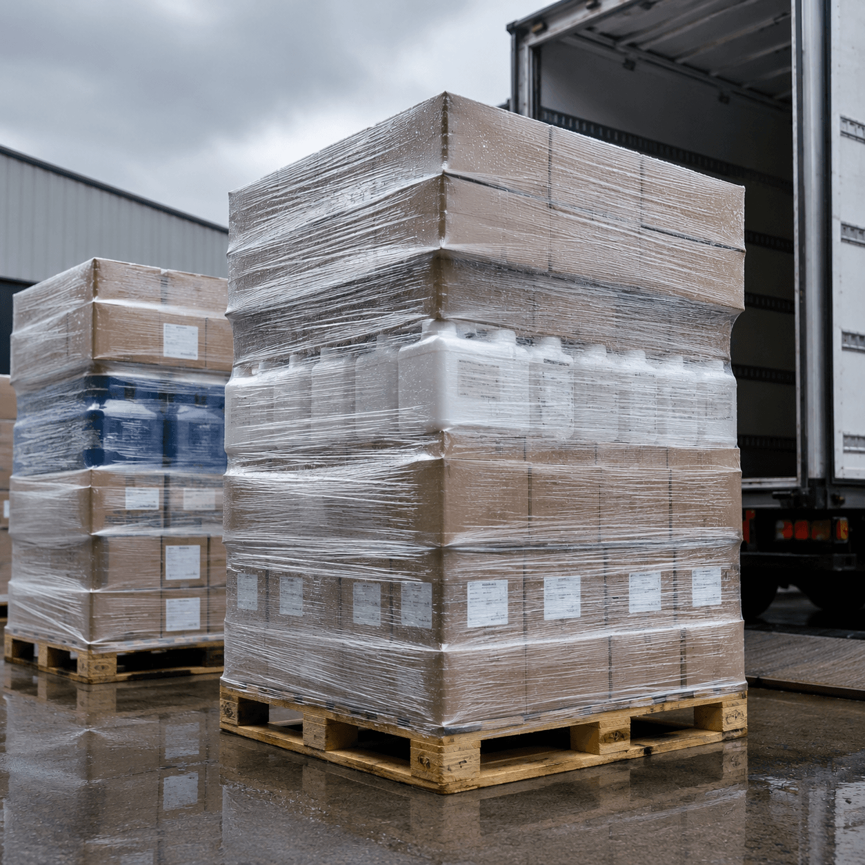 Stacked pallets wrapped in clear stretch film beside a lorry on a rainy day