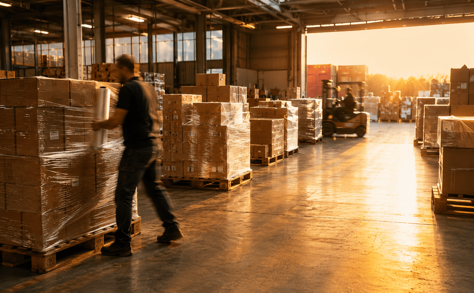 Warehouse worker beside pallets wrapped in clear film at a loading bay at sunset