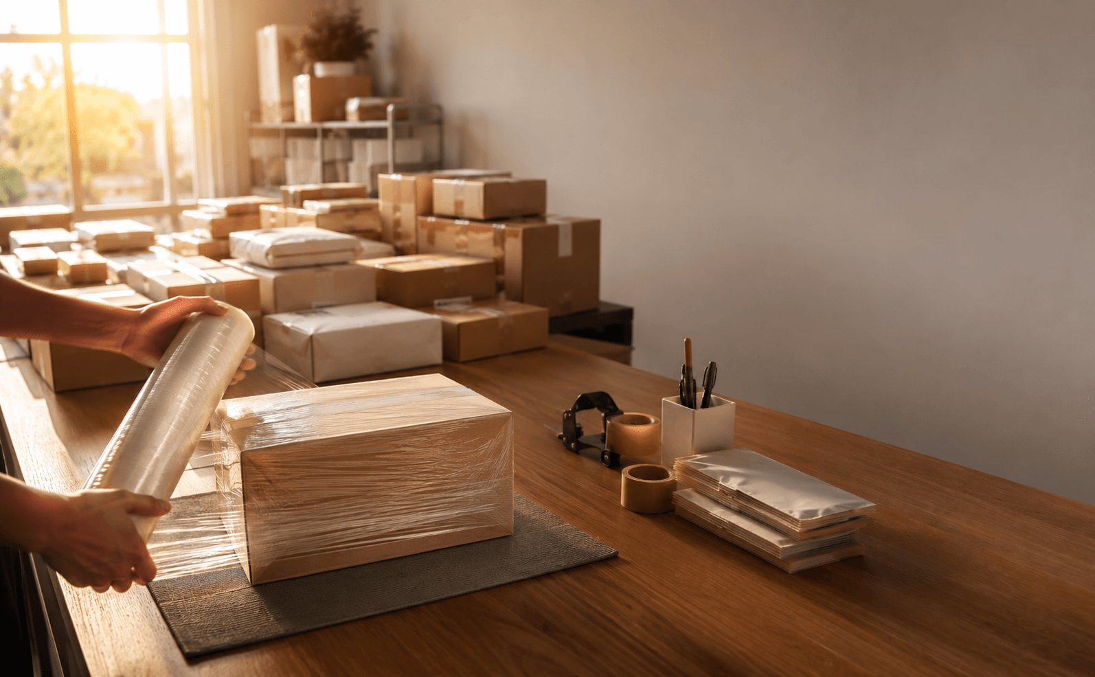 Hands wrapping small boxes with clear stretch film on a packing desk