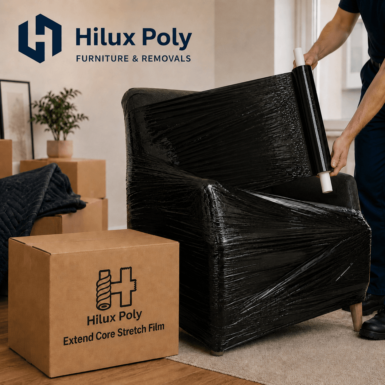 Armchair being wrapped in black stretch film for a house move
