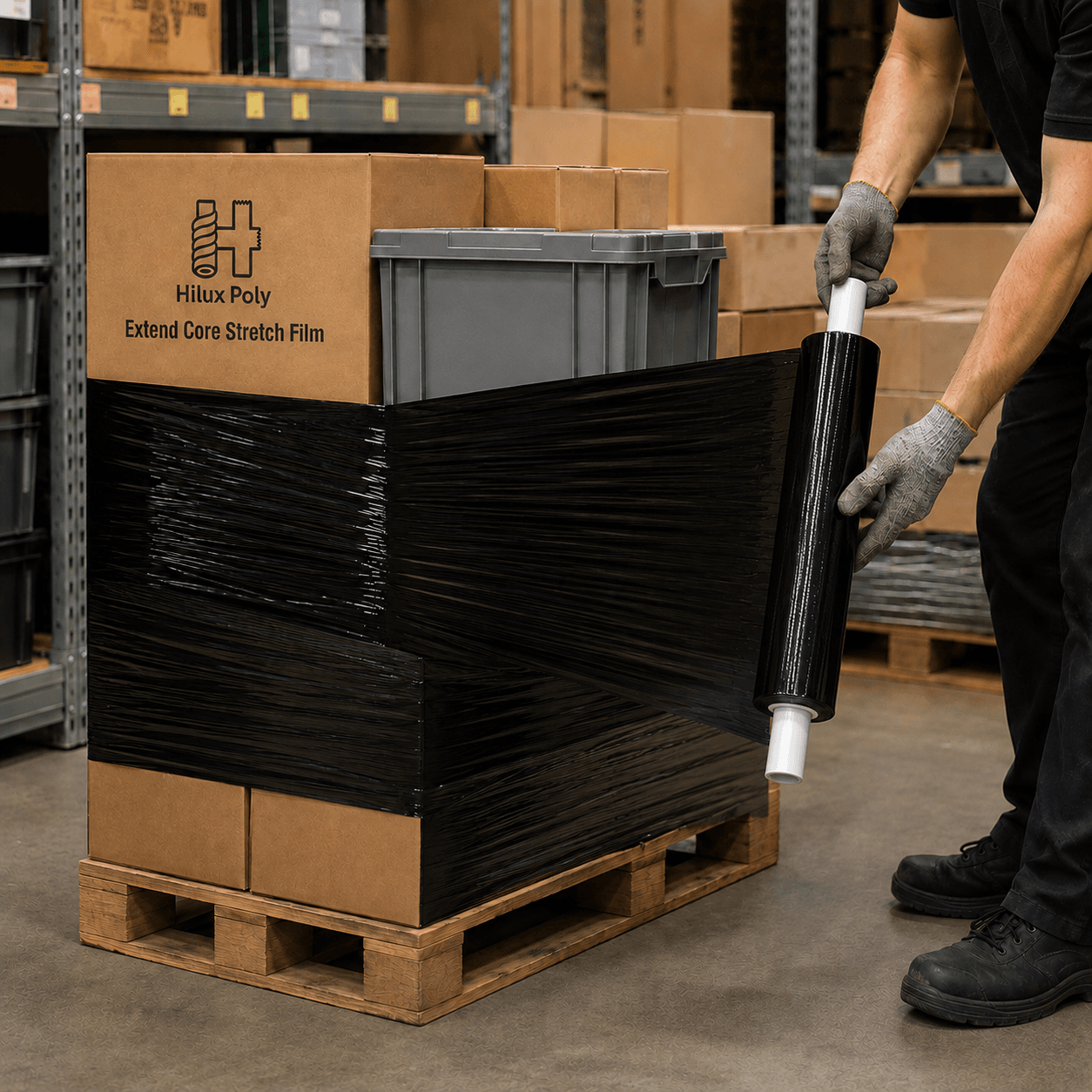 Worker hand-wrapping a pallet of boxes with black extended core stretch film