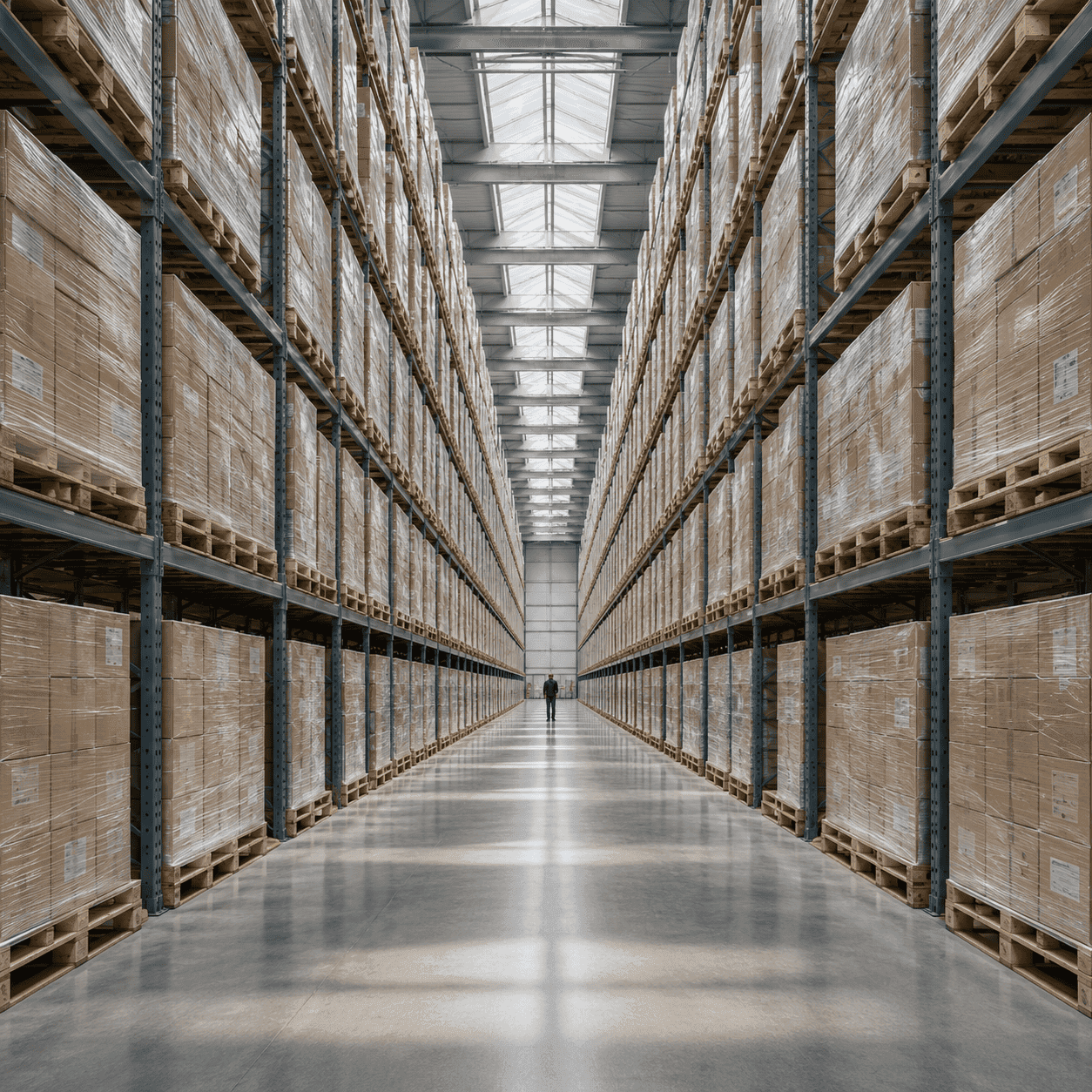 Long warehouse aisle lined with racking full of wrapped pallets