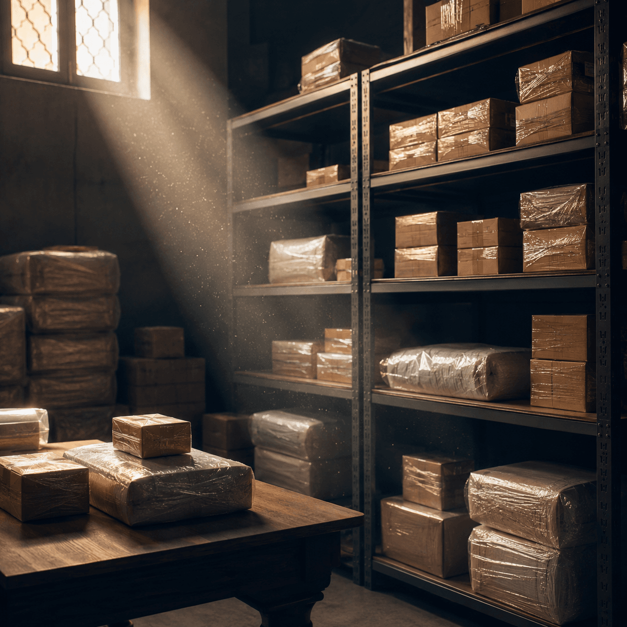 Boxes wrapped in clear stretch film on warehouse shelving in a beam of light