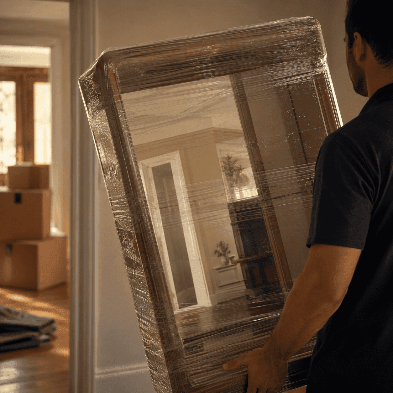 Person carrying a mirror wrapped in clear stretch film through a house