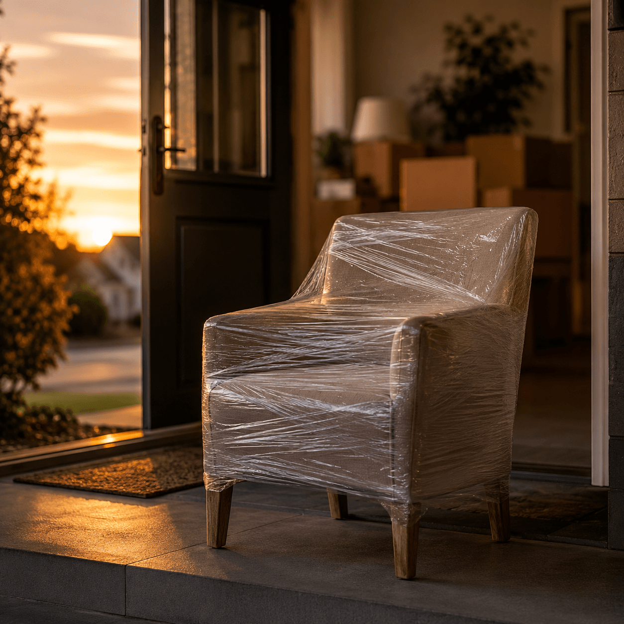 Armchair wrapped in clear stretch film by a front door