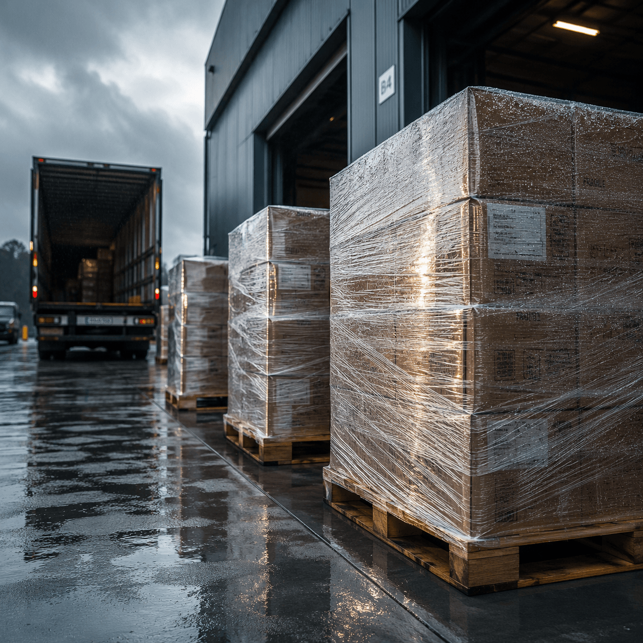 Wet loading bay with pallets wrapped in clear stretch film