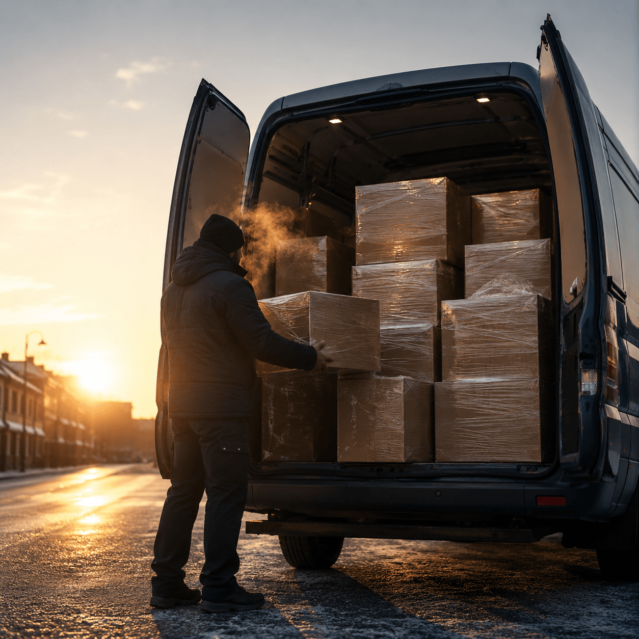 Courier loading wrapped boxes into a van at sunrise