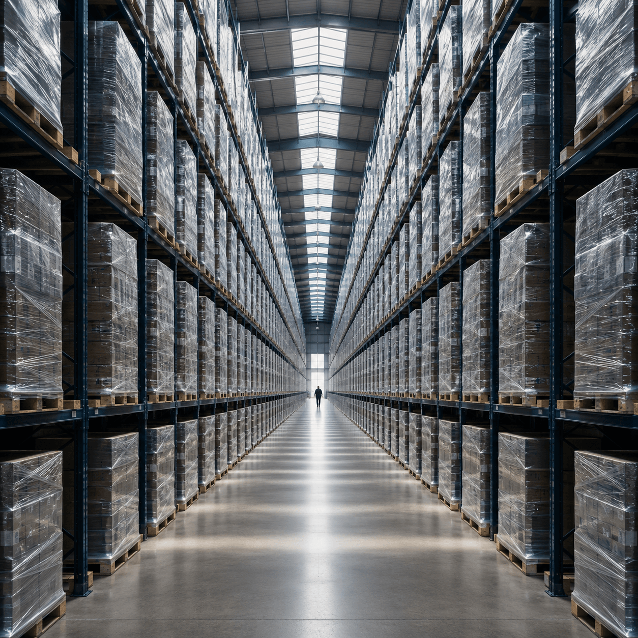 Warehouse racking aisle with pallets wrapped in clear film
