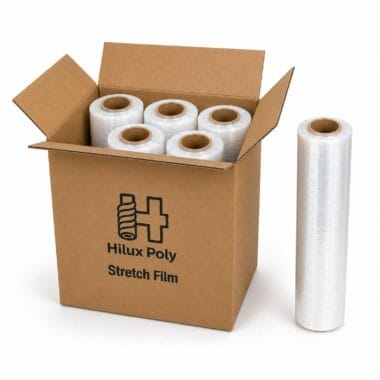 Carton of six 17 micron clear standard core stretch film rolls