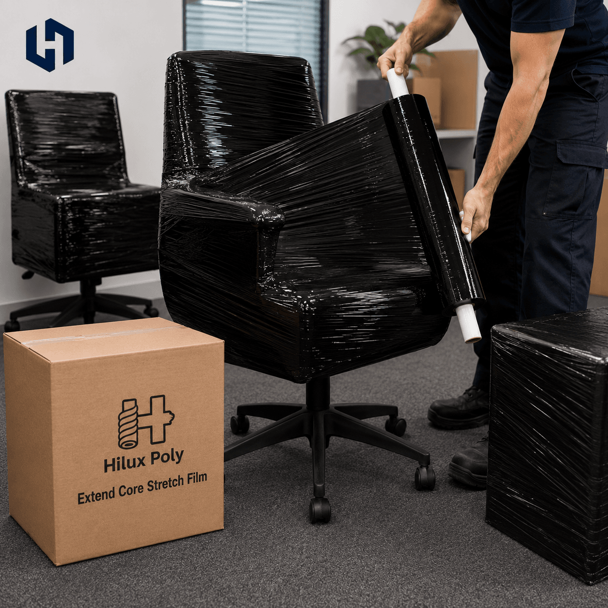Office chairs wrapped in black stretch film beside a carton of film
