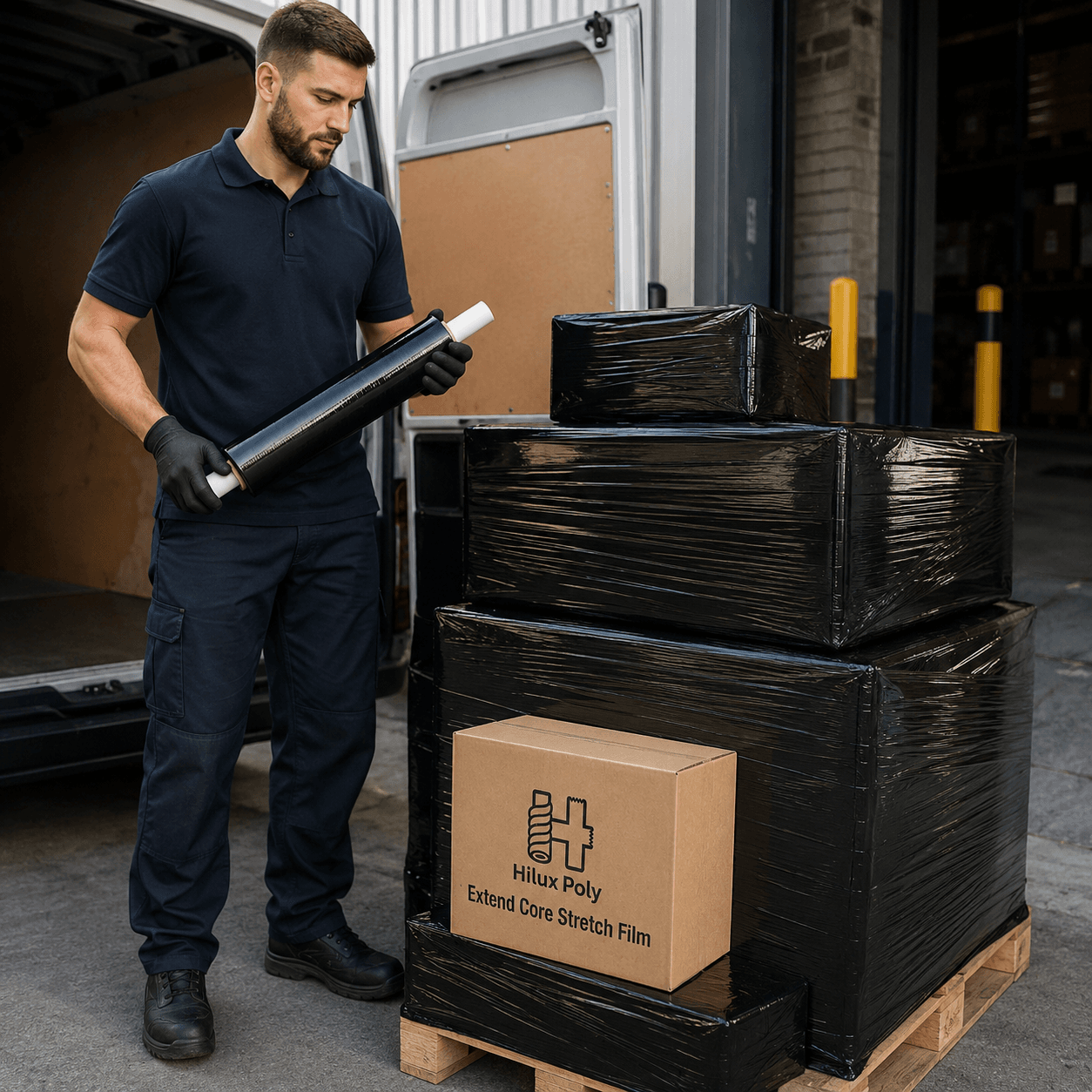 Worker holding a roll of black extended core stretch film next to wrapped pallets