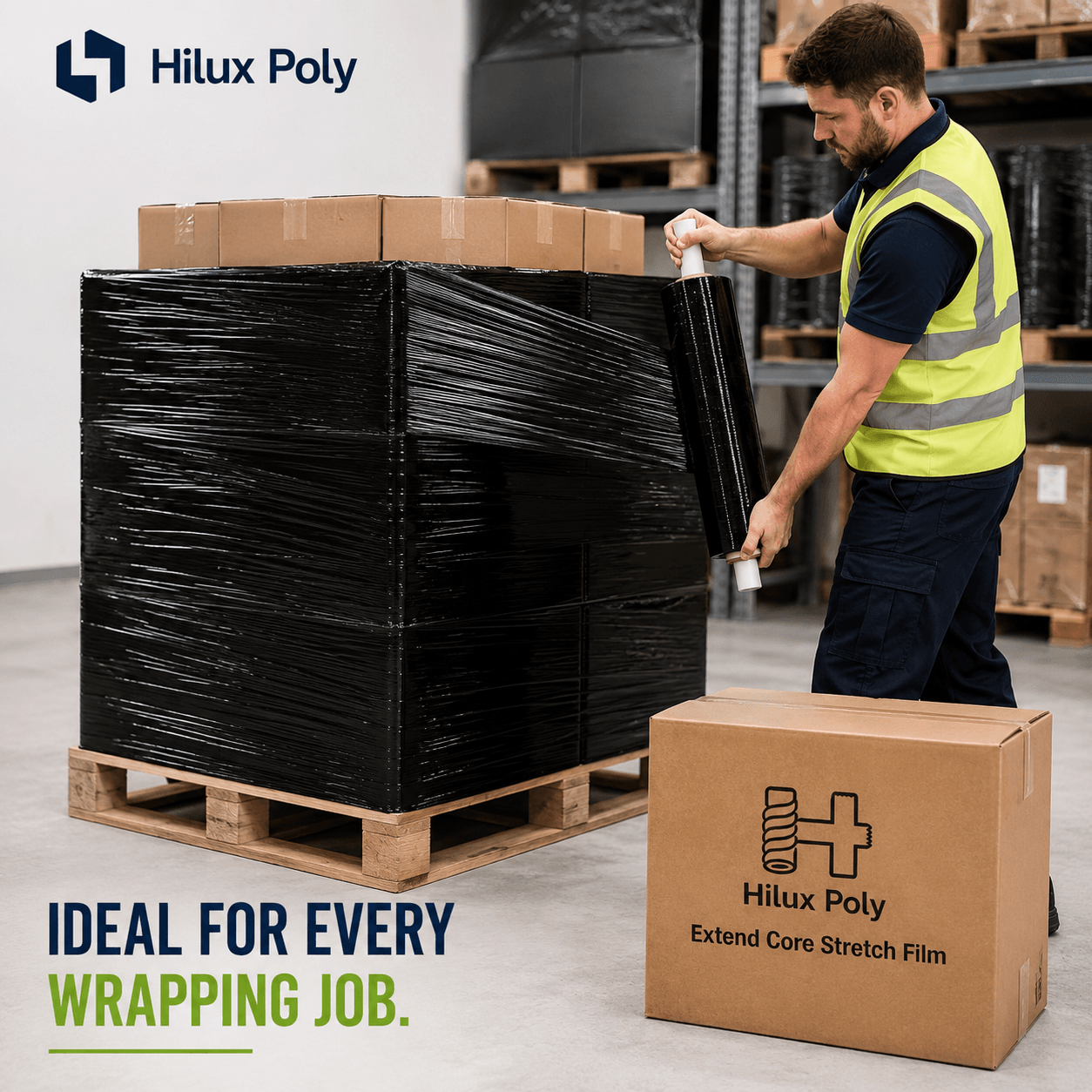 Worker in hi-vis wrapping a pallet with black stretch film by hand