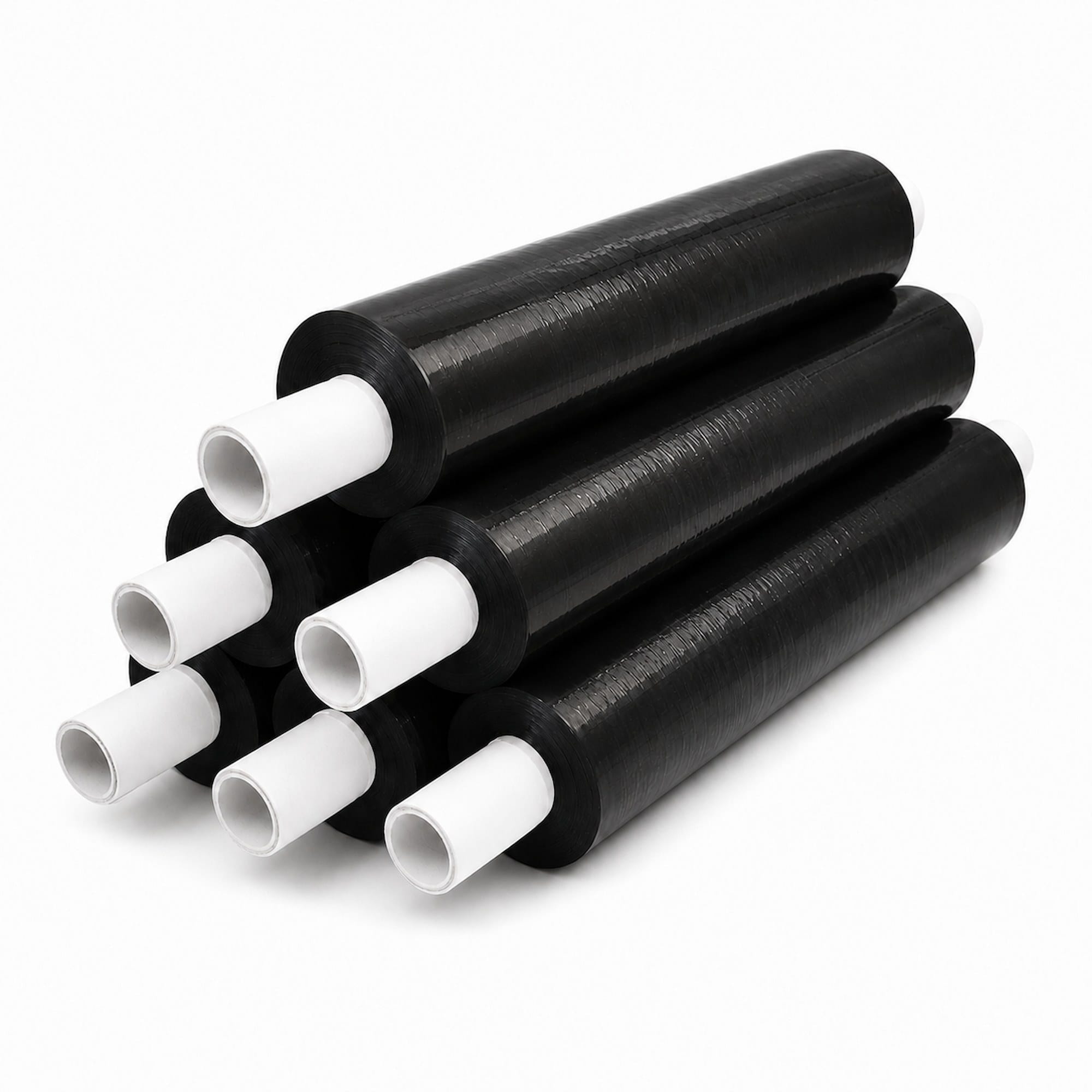 23 micron black extended core stretch film, 6 rolls stacked, 400mm x 250m