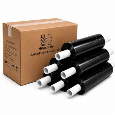 Carton of six 23 micron black extended core stretch film rolls
