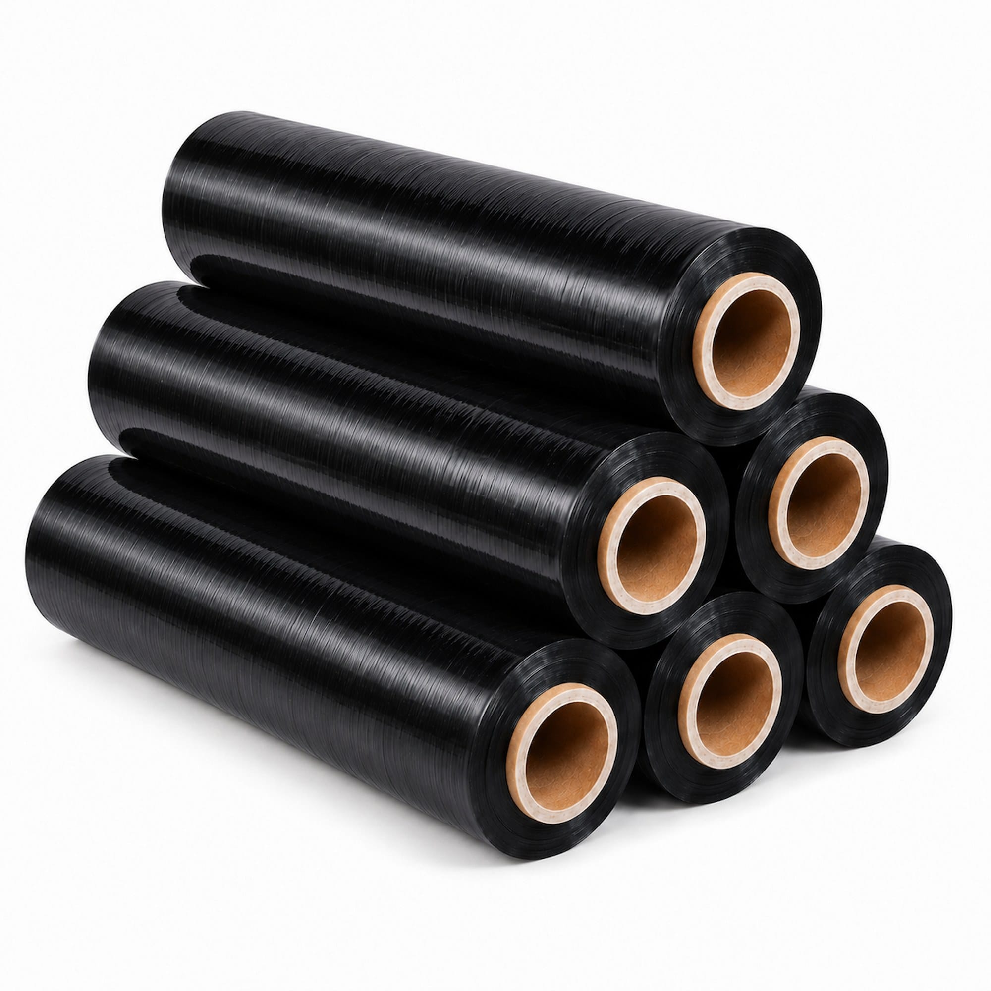23 micron black standard core stretch film, 6 rolls stacked, 400mm x 250m