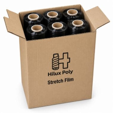 Carton of six 23 micron black standard core stretch film rolls