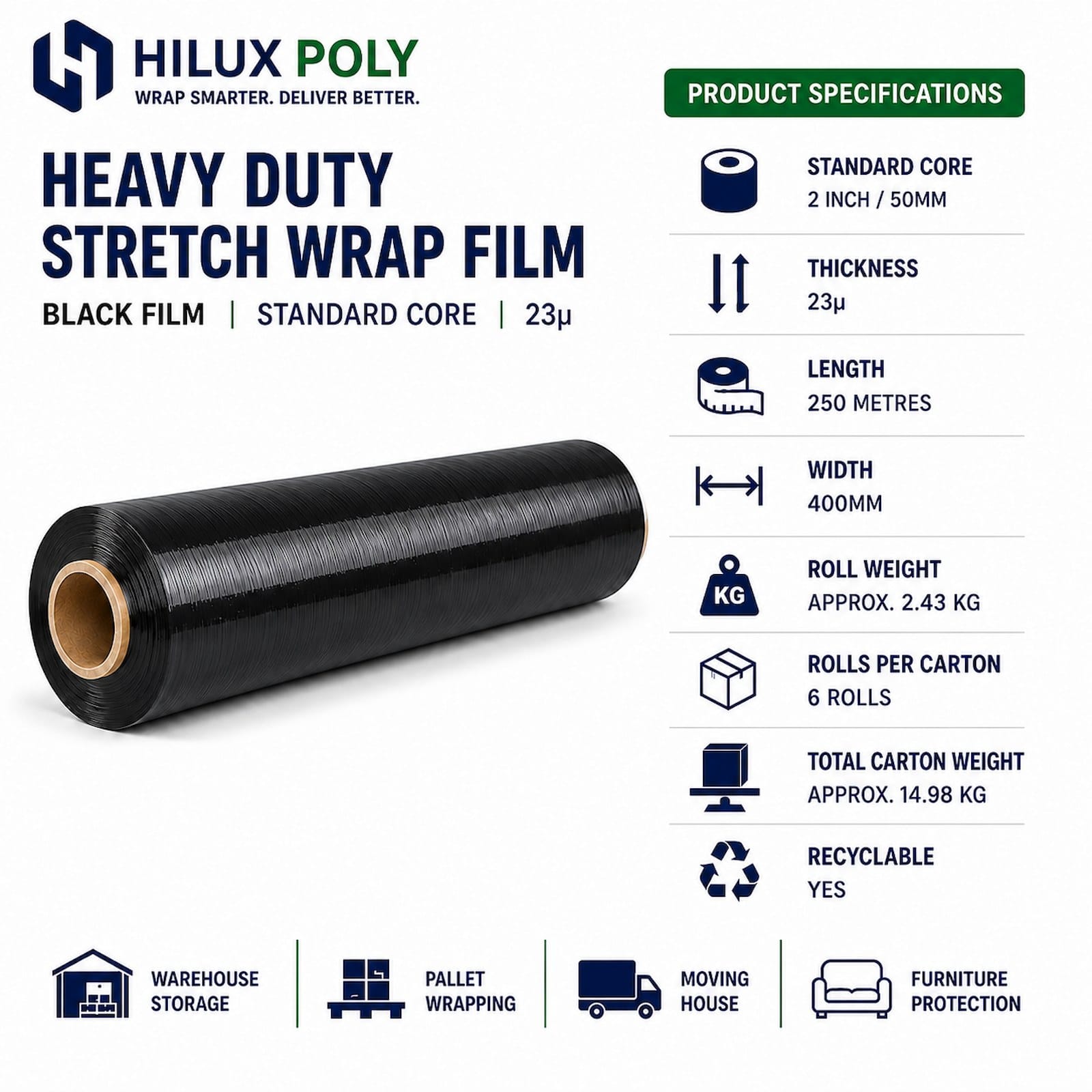 23 micron black standard core stretch film product specifications