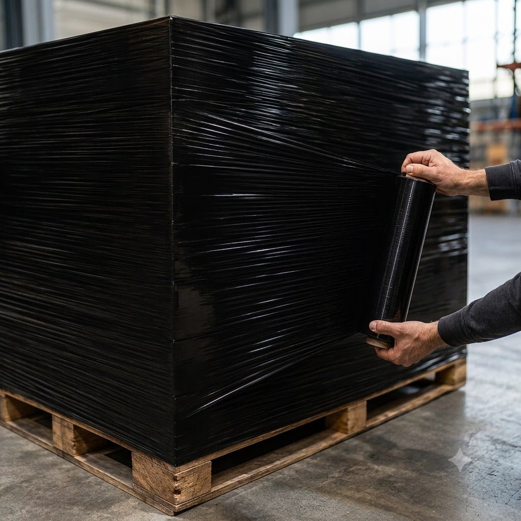 Wrapping by hand with 23 micron black standard core stretch film