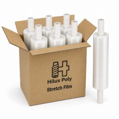Carton of six 23 micron clear extended core stretch film rolls