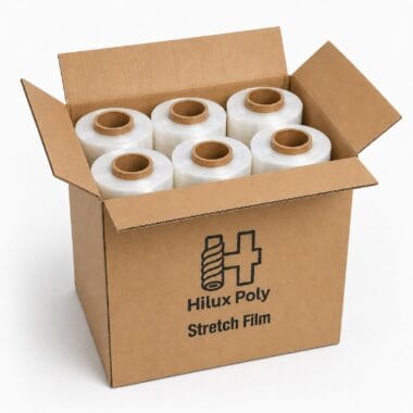 Carton of six 23 micron clear standard core stretch film rolls