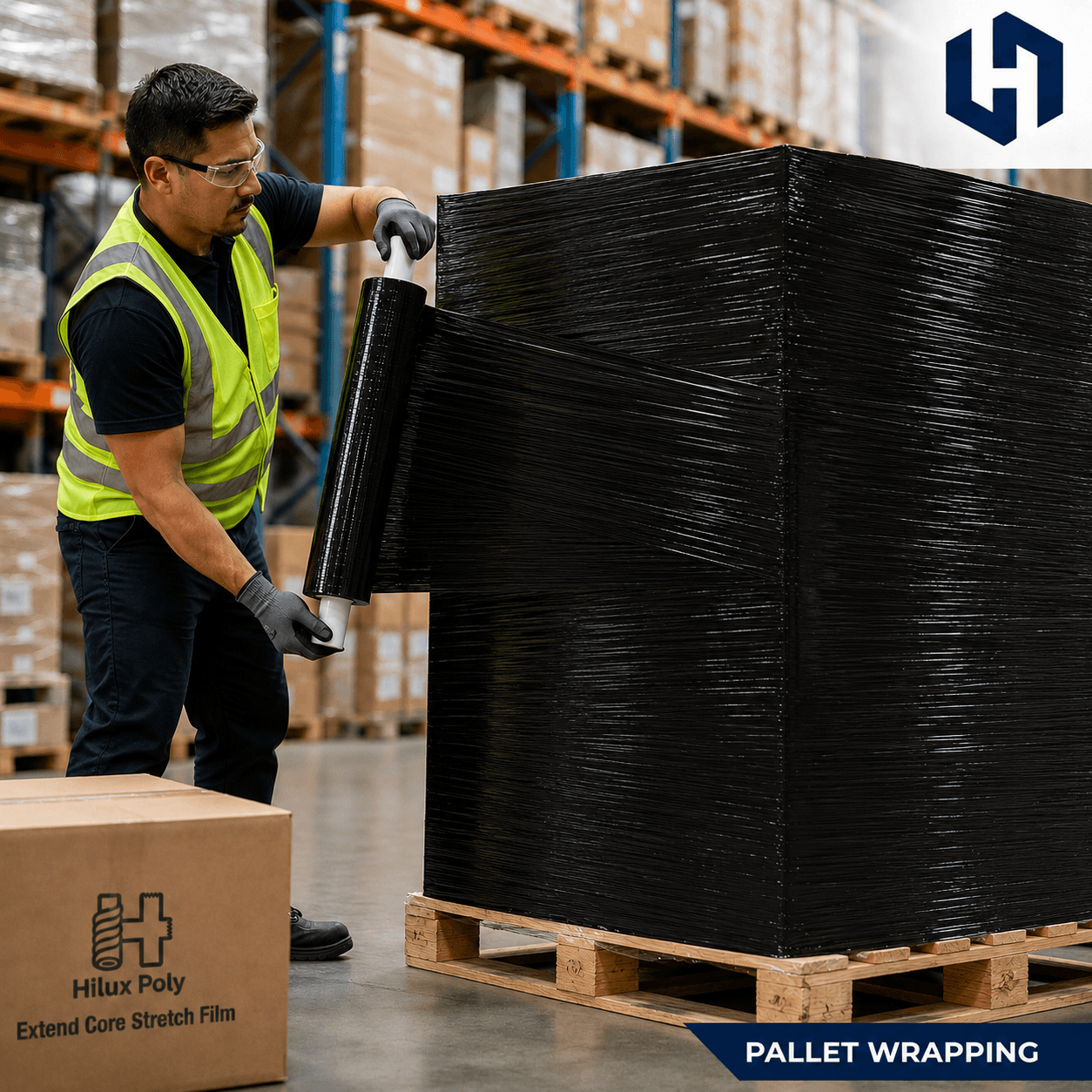 Warehouse worker hand-wrapping a tall pallet in black stretch film