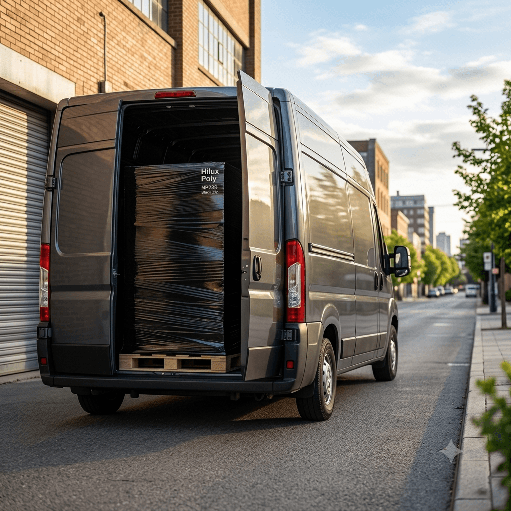 Van with a black-wrapped pallet loaded in the back