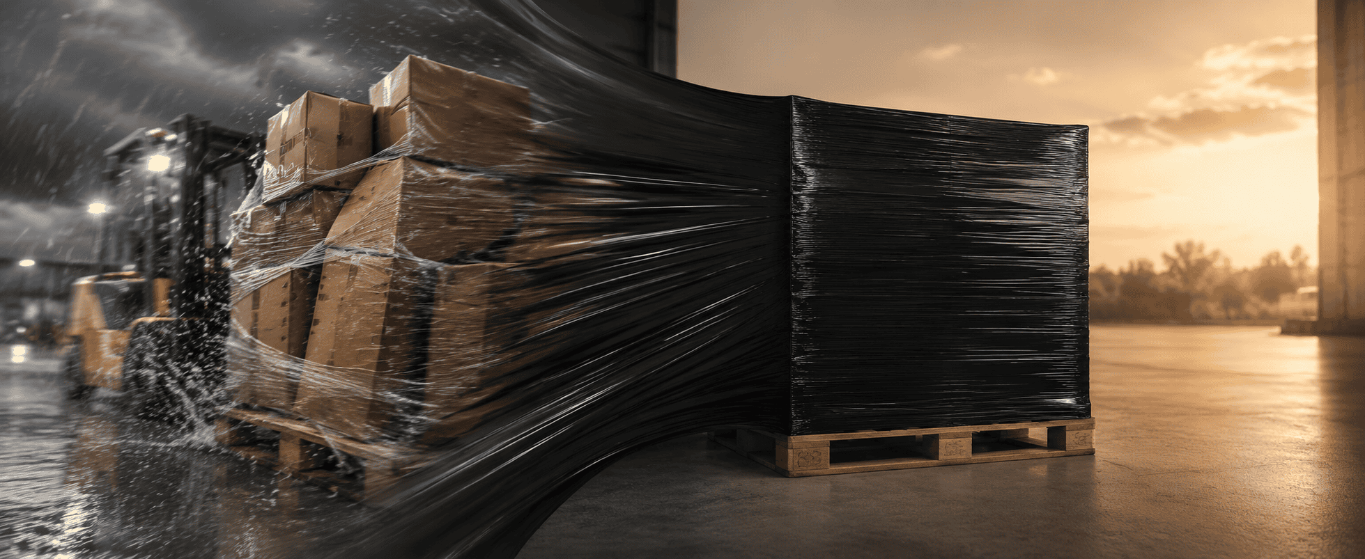 Black wrapped pallet beside a pallet with torn and loose stretch film
