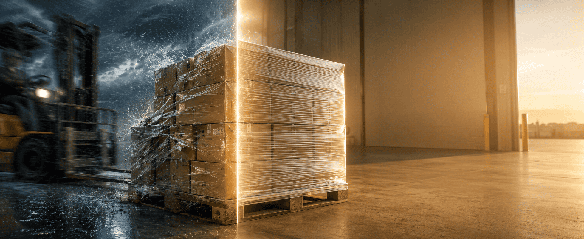 Pallet wrapped in clear stretch film in a dark warehouse
