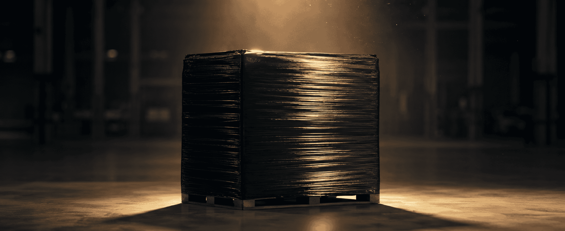 Single pallet wrapped in black stretch film, lit up in a dark warehouse
