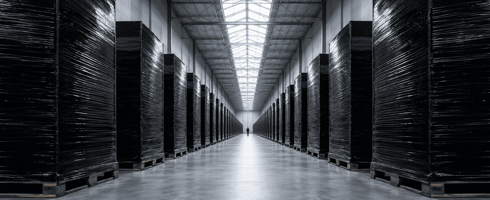 Rows of black wrapped pallets down a long warehouse aisle