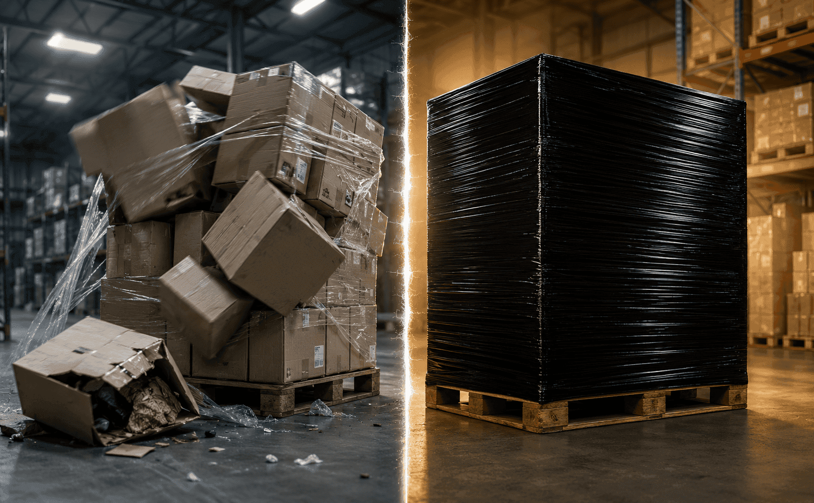 Collapsed boxes next to a neatly wrapped black pallet