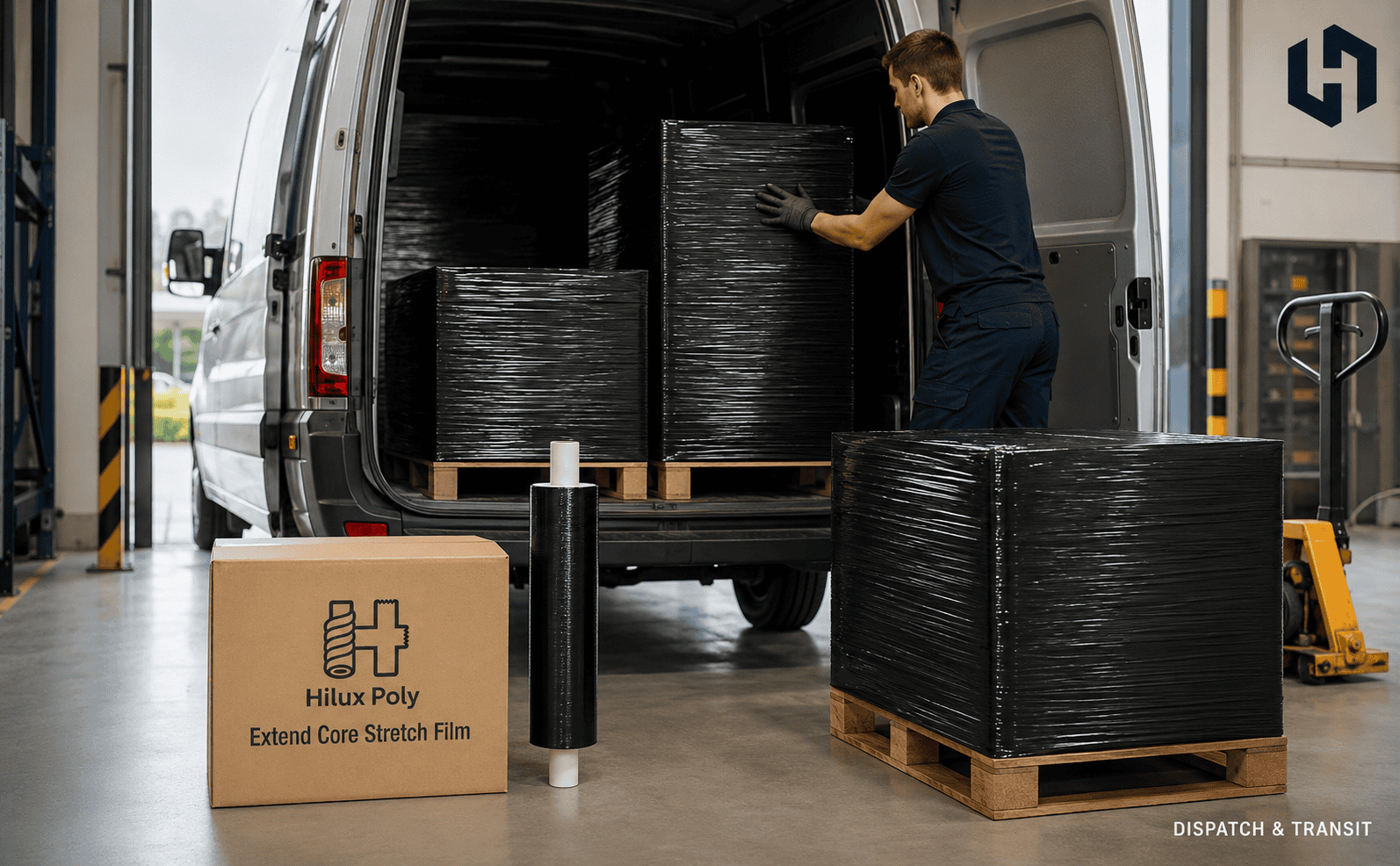 Worker loading a black-wrapped pallet into a van, with a carton of film beside it