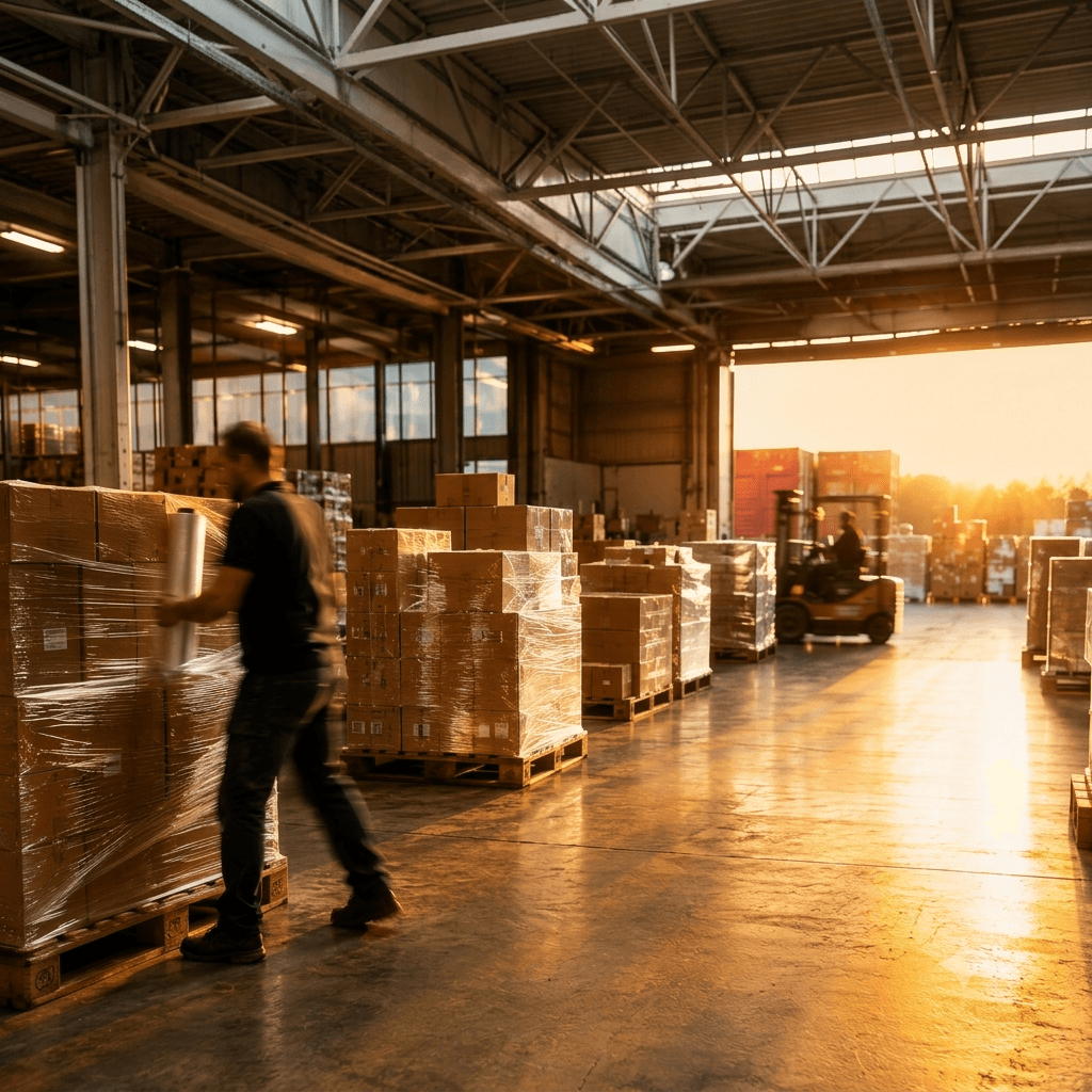 Warehouse worker walking past pallets wrapped in clear stretch film
