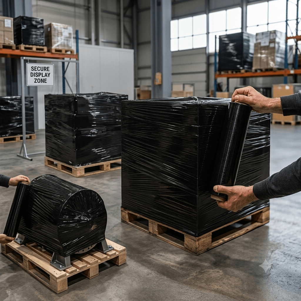 Hands wrapping a black pallet in stretch film, with a roll on a stand nearby