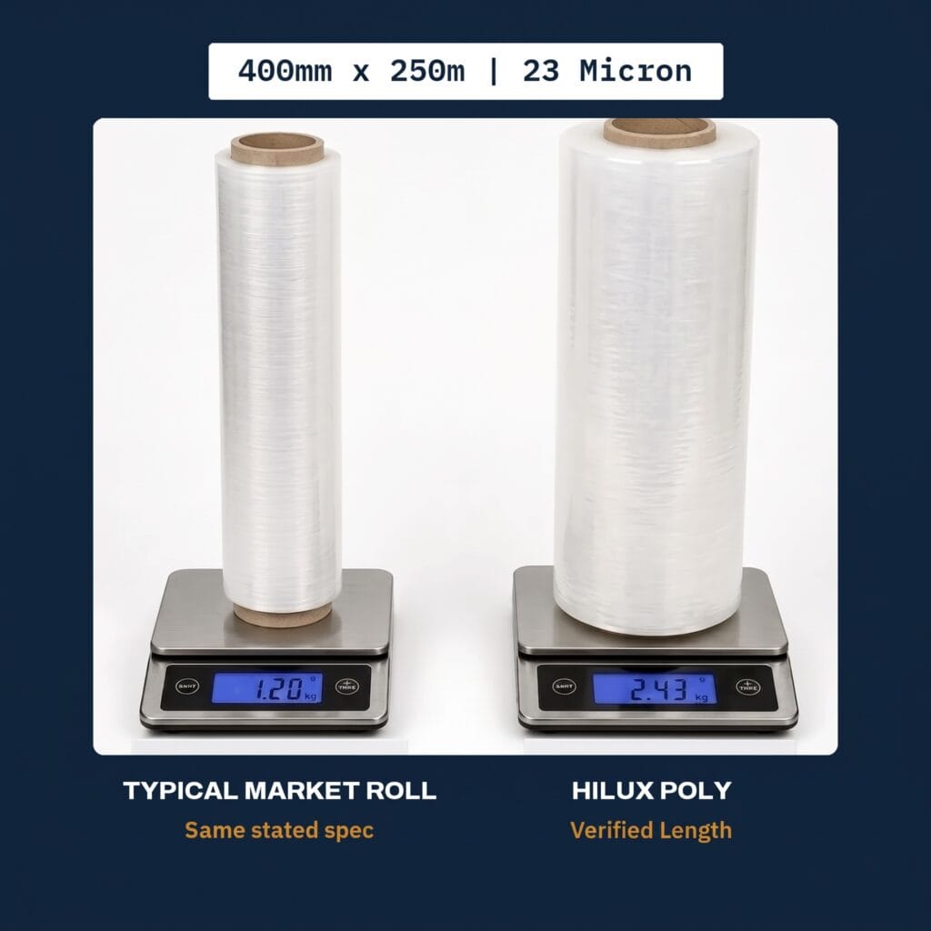 Weight comparison: Hilux Poly 23 micron stretch film roll weighs 2.43kg versus a typical market roll at 1.20kg, same 400mm x 250m specification