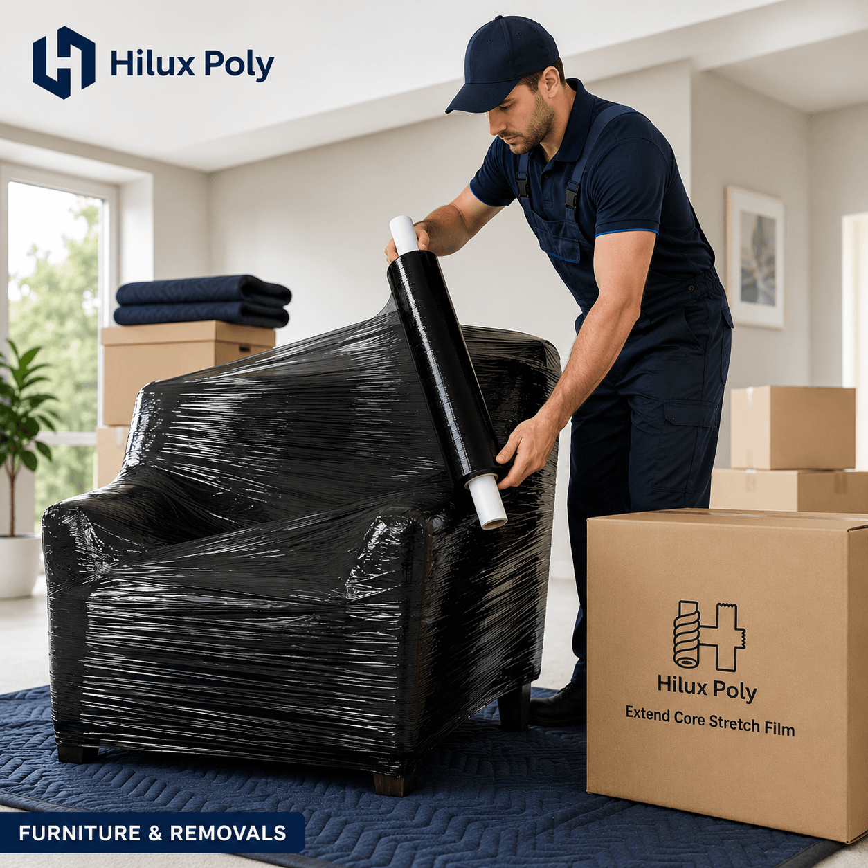 Removals worker wrapping an armchair in black stretch film