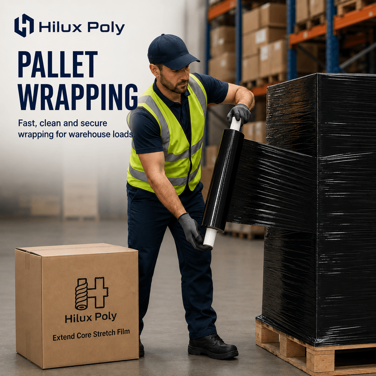 Worker in hi-vis wrapping a pallet in black stretch film in a warehouse