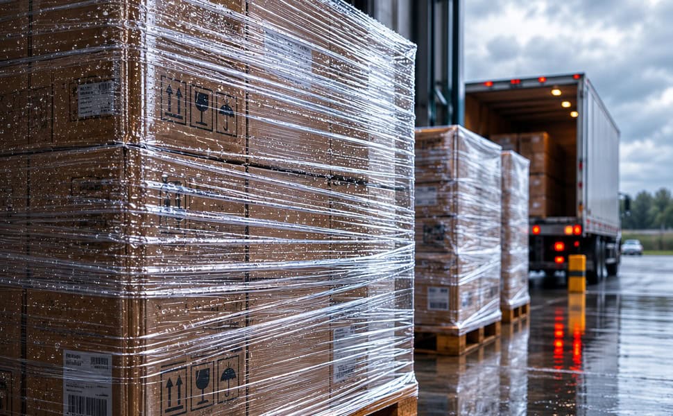 Pallets wrapped in clear stretch film at a loading dock with a lorry behind