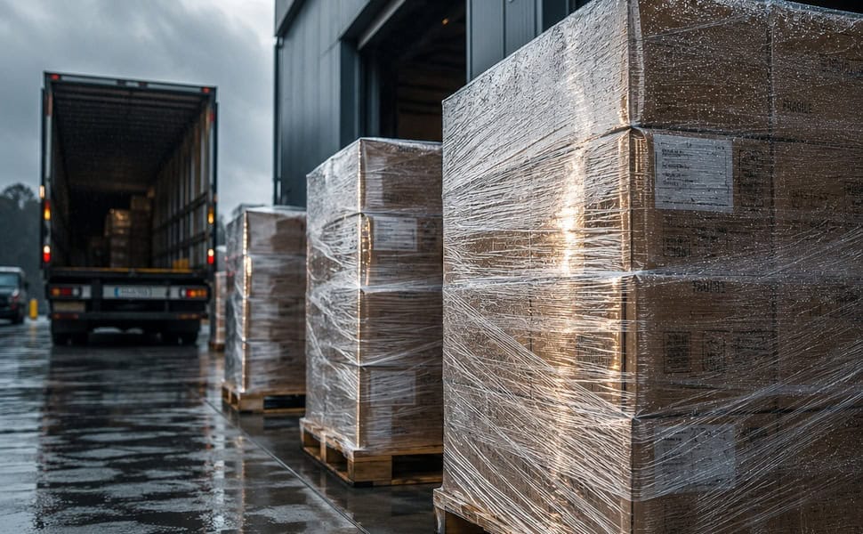 Clear wrapped pallets at a loading bay with a lorry in the background
